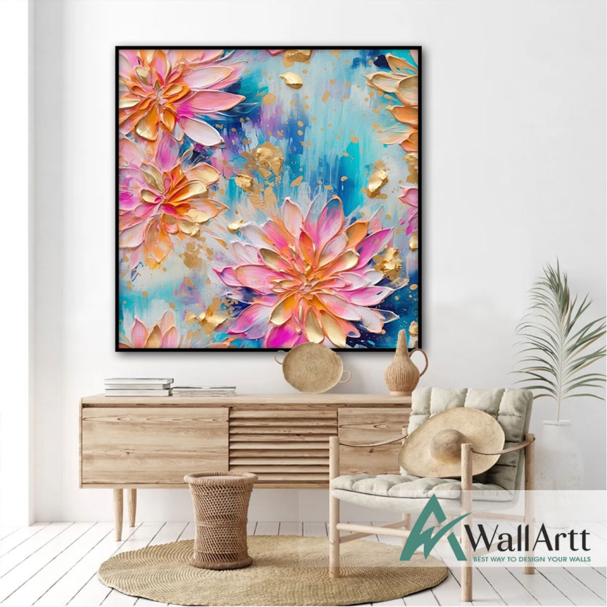 Abstract Orange Pink Flowers 3d Heavy Textured Partial Oil Painting